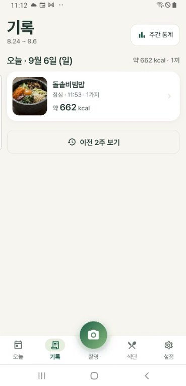 기록 화면. 8월 24일부터 9월 6일까지의 기간 표시와 주간 통계 버튼이 있고, 오늘 날짜 아래 돌솥비빔밥 약 662 kcal 기록과 이전 2주 보기 버튼이 있다.